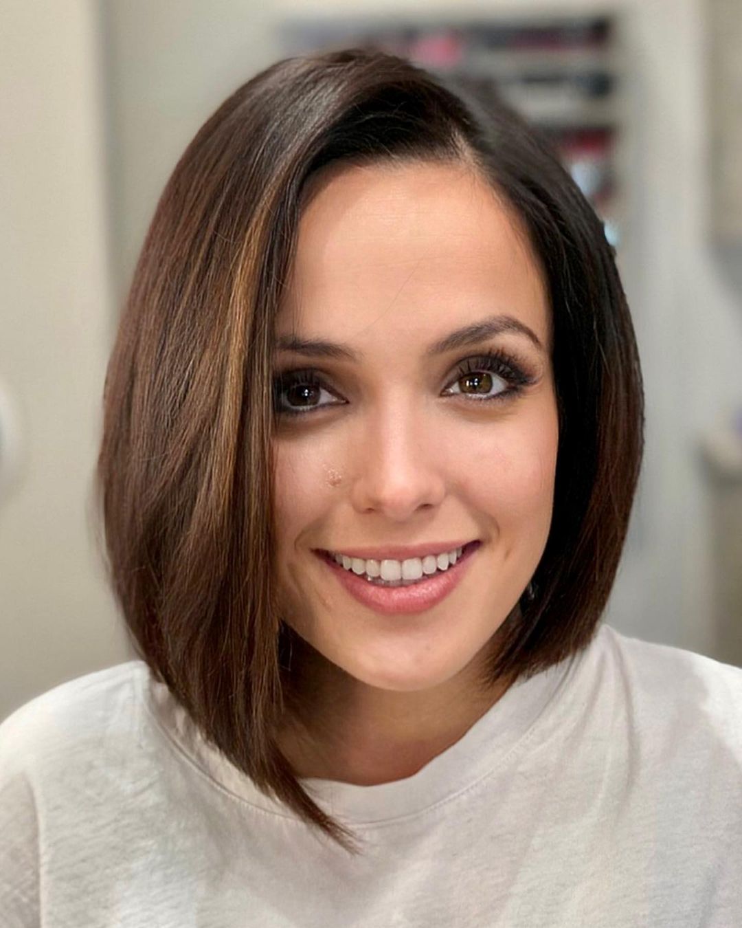 Asymmetrical Comb-Over A-Line Bob for Brunettes